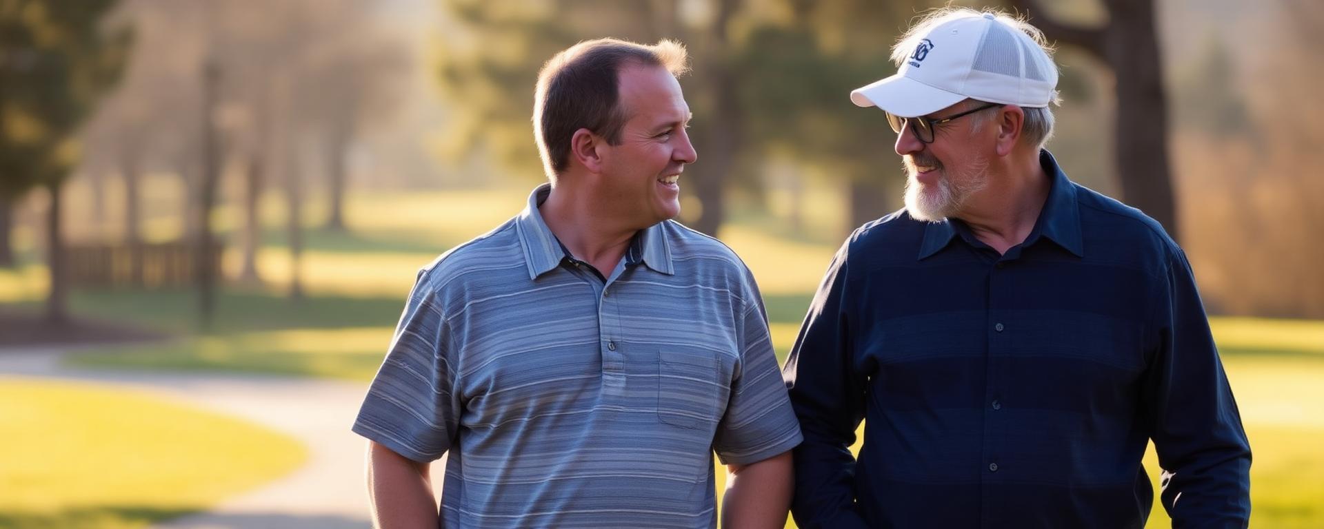 Two men walking and talking on a golf course
